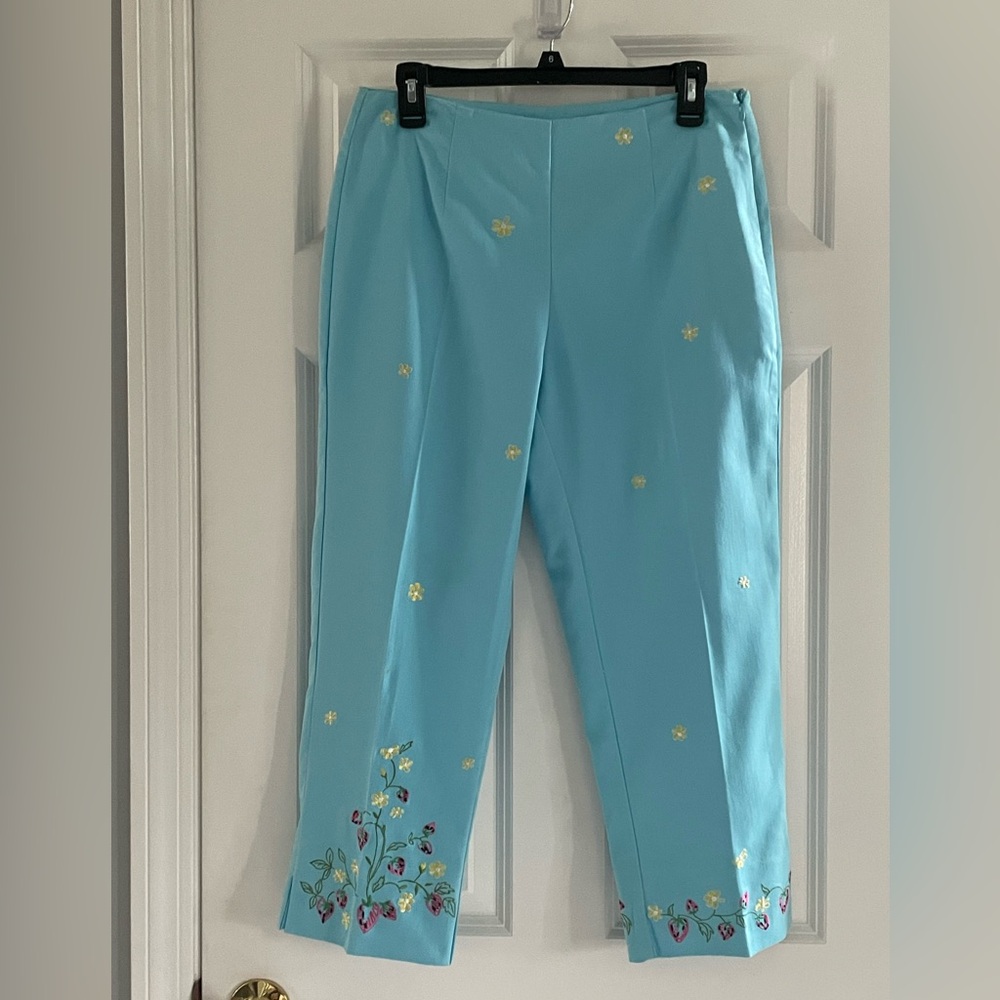 Ankle Pants 10P Aqua Blue Embroidered Floral Stretch Coastal Cottagecore